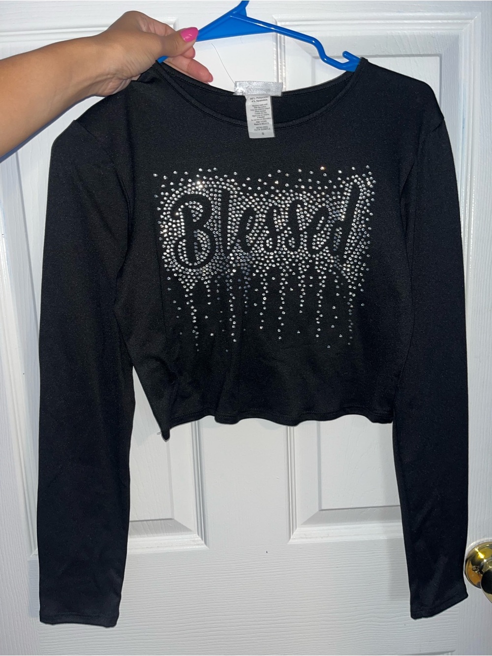 Blessed Rhinestone Long-Sleeve Crop Top - Black (Small)
